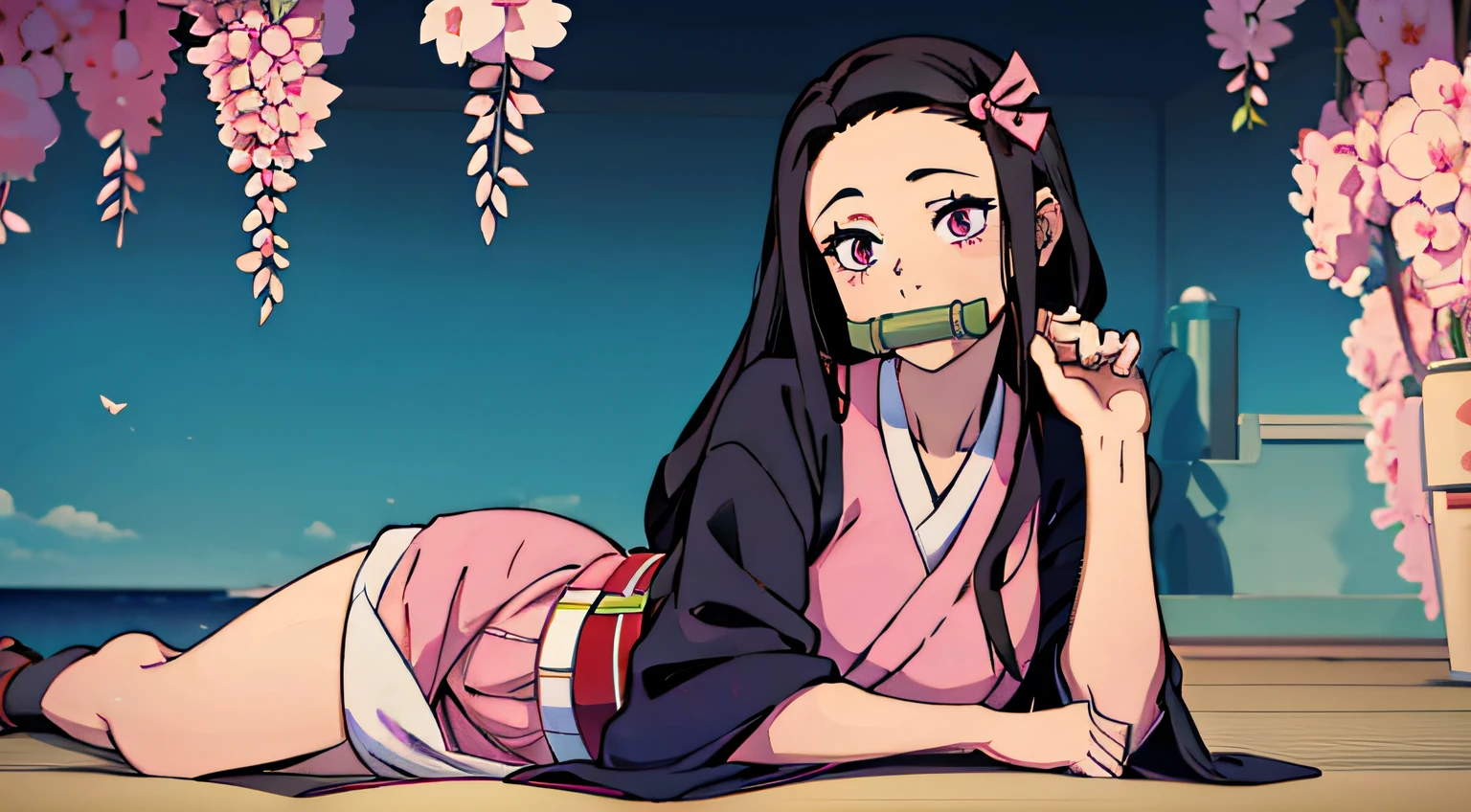 Nezuko de adulta, Es una hermosa joven, Ella está en su atuendo de kimono rosa habitual, Tiene un hocico de bambú negro en la boca, Ella tiene una mirada sexualmente excitada en la cara, ella está acostada, Ella está mostrando su cuerpo, Su cuerpo completo está en la imagen
