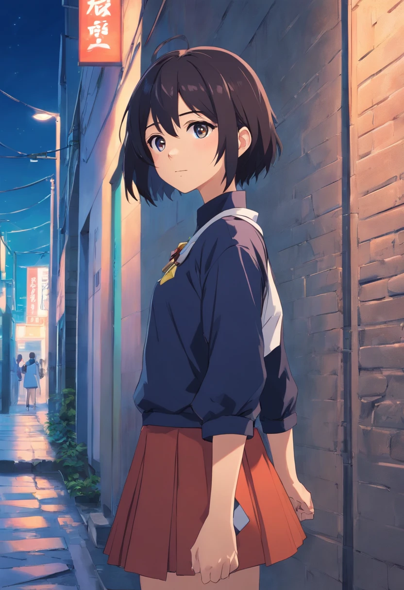 Anime girl standing in alley with a red bag - SeaArt AI