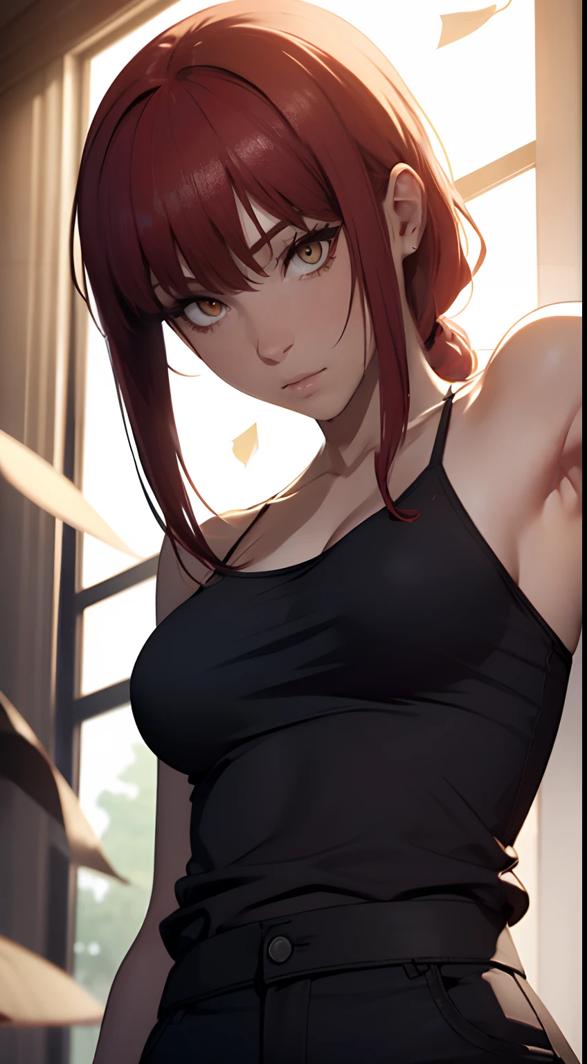 Anime girl with red hair and black top posing in front of window - SeaArt AI