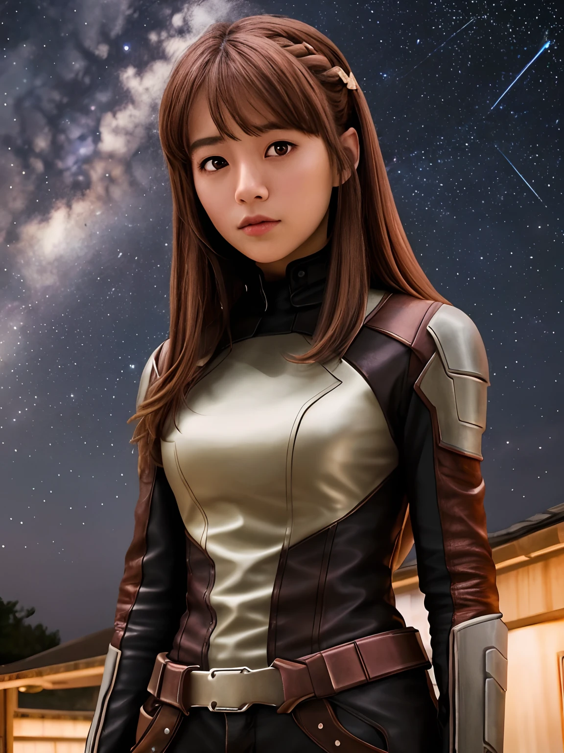 (highres, best quality:1.2), 1girl, radiance,  upper body, Asahina Mikuru, guardians of the Galaxy, solo, brown hair, long hair, brown eyes, cowboy shot, ((photo)), 8k, japanese teenage girl, starry sky