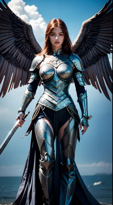 (highres:1.2,ultra-detailed,realistic:1.37),powerful angel armed with celestial armor and shield,sharp sword,golden halo,fierce expression,majestic wings,hovering in the sky,bathed in heavenly light,standing on a cloud,courageously ready for battle,draped ...
