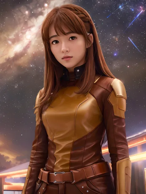 (highres, best quality:1.2), 1girl, radiance,  upper body, Asahina Mikuru, guardians of the Galaxy, solo, brown hair, long hair,...