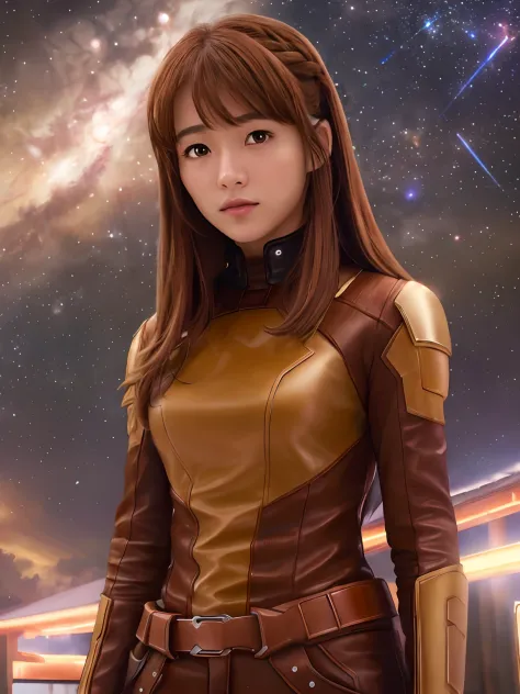 (highres, best quality:1.2), 1girl, radiance,  upper body, asahina mikuru, guardians of the galaxy, solo, brown hair, long hair,...