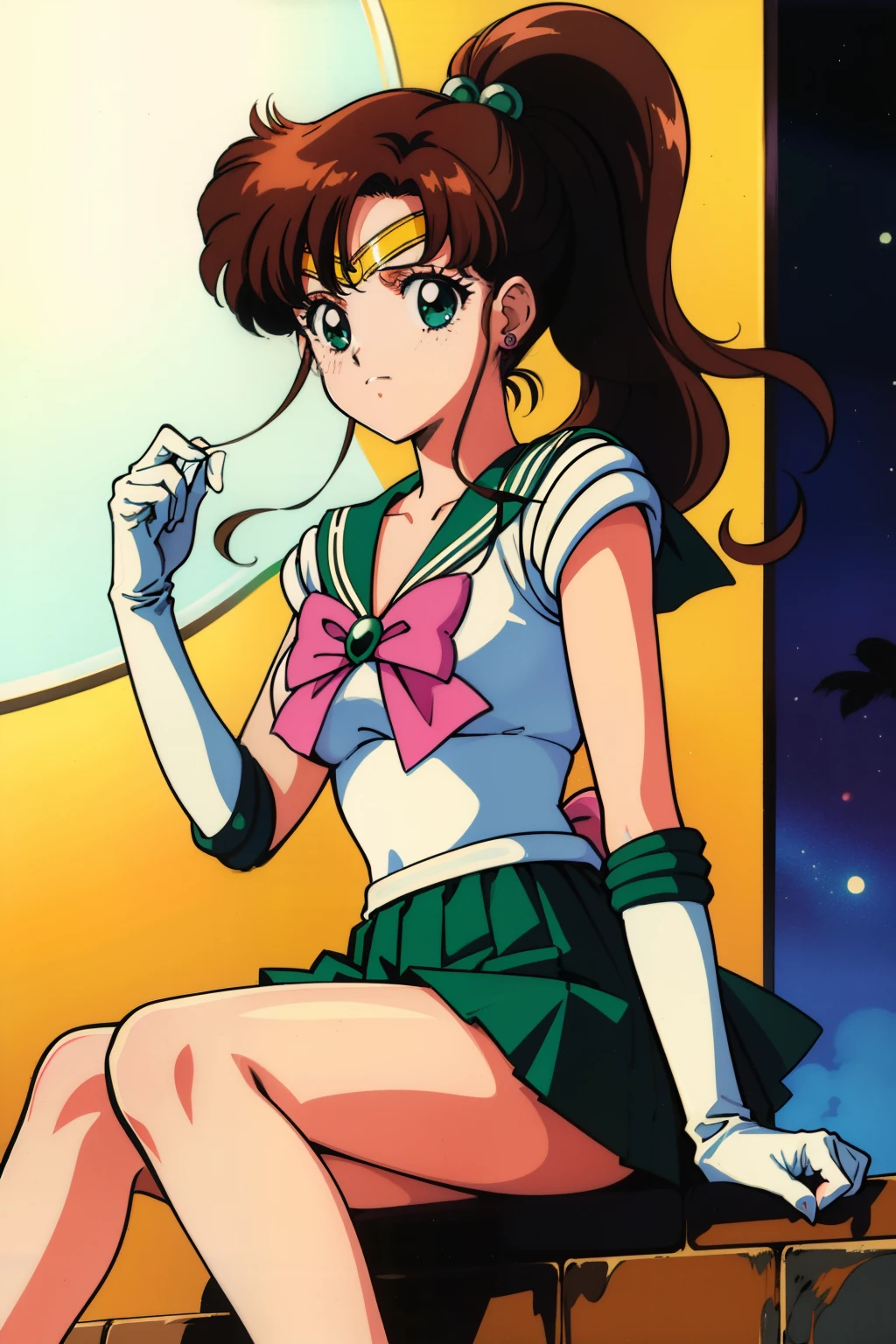 best quality, high resolution, 1990s \(style\), retro artstyle, 1990s anime cels style, night, sailor jupiter, sitting, sailor senshi uniform, green sailor color, white gloves, green pleated skirt, pink ribbon, ponytail, (clothed:1.3), jewelry, earring