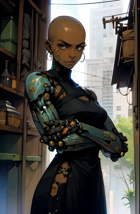 (best quality:1.1),original,1woman,dark skin,shaved head,(black) (full mechanical arms),badass,serious expression,elegant dress,...