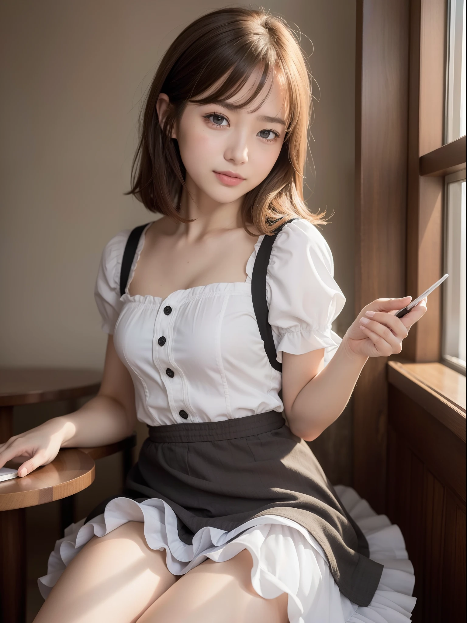 Arafed asian woman in a maid outfit sitting on a window sill - SeaArt AI