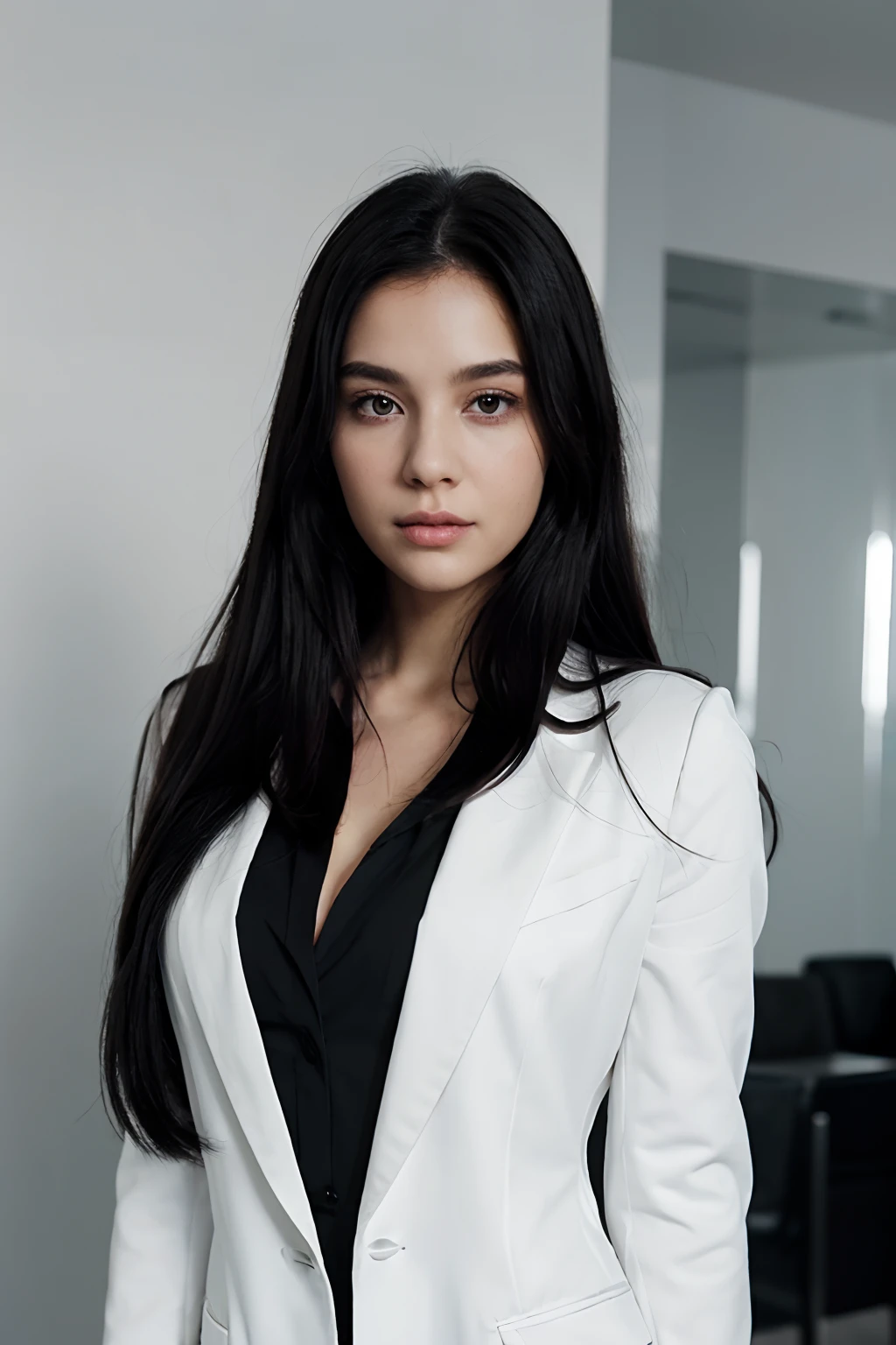 half-length shot, A woman in a white blazer, White dress, Long black hair, Subtle monochrome tone style, Shiny/Glossy solid color, Classic preppy style, Pure white background, Unique beauty, Thin face, Business pictures