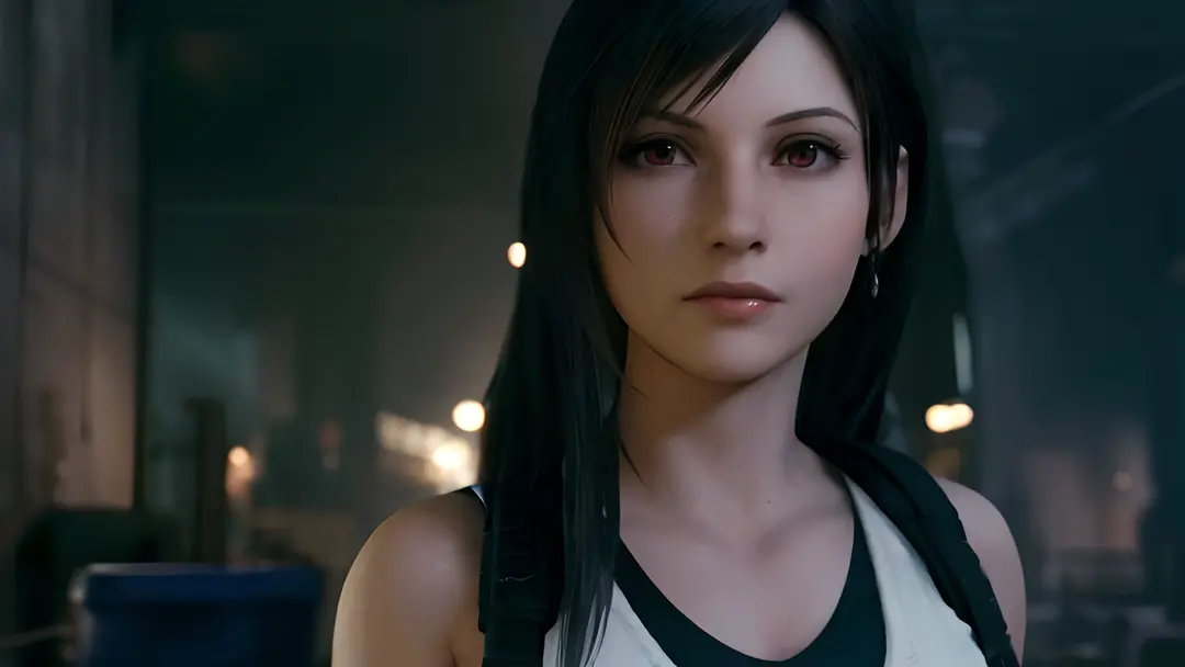 a close up of a person with a backpack and a white shirt, tifa lockhart, portrait of tifa lockhart, tifa lockhart portrait, tifa...