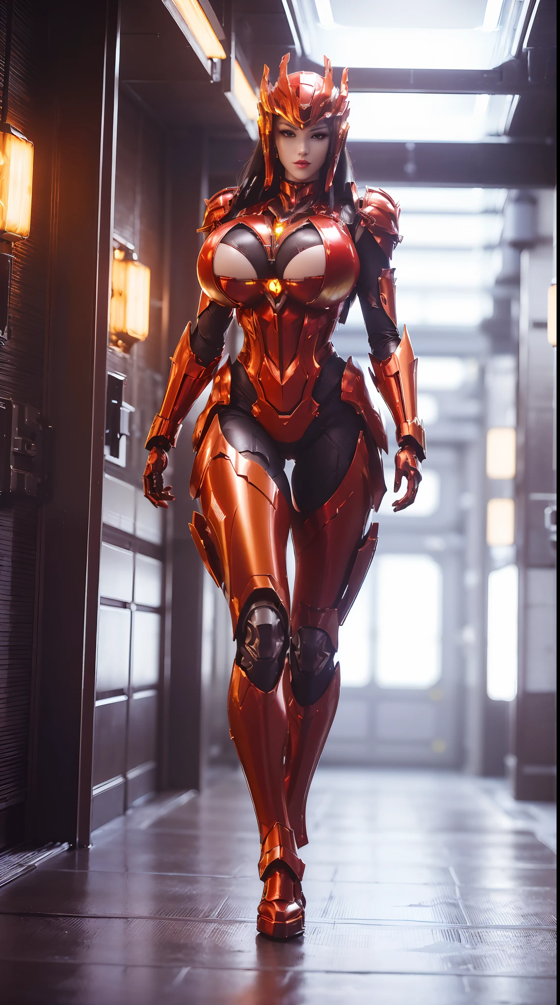 1GIRL, SOLO, (phoenix mecha helm:1.3), (BIG BUTTOCKS, HUGE BOOBS:1.4), (PHOENIX MECHA GUARD ARM, GLOVES), (Red, PHOENIX MECHA CYBER SHINY ARMORED SUIT, ROYAL CAPE, CLEAVAGE, MECHA SKINTIGHT PANTS, GUARD ARMOR LEGS, HIGH HEELS:1.4), (MUSCULAR BODY, SEXY LONG LEGS, FULL BODY:1.5), (MUSCLE ABS:1.2), (LOOKING AT VIEWER:1), (WALKING DOWN HALLWAY OF FUTURISTIC SPACE STATION:1.3), PHYSICALLY-BASED RENDERING, ULTRA HIGHT DEFINITION, 16K, 1080P.