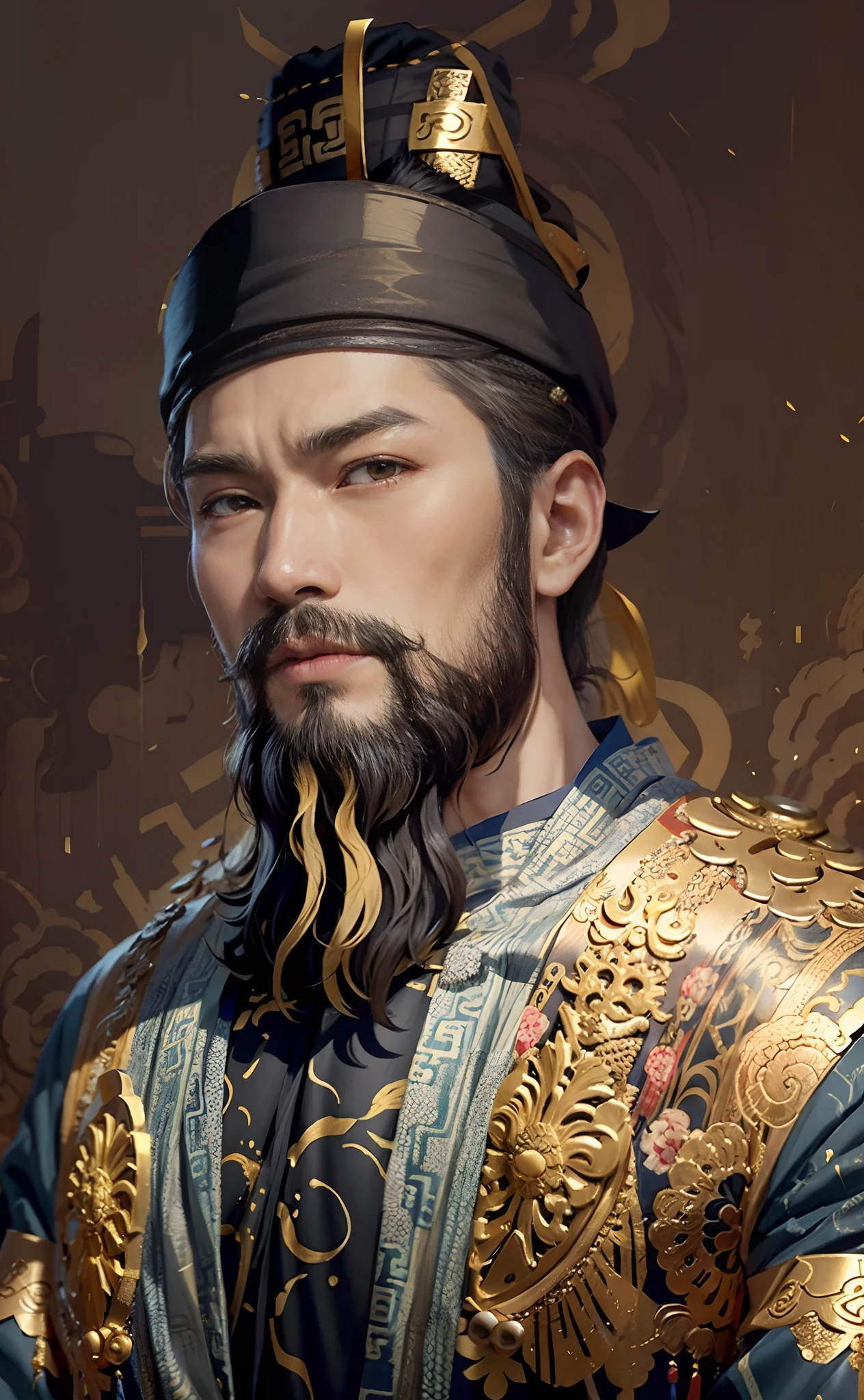 Draw a man with a beard and hat,Golden-patterned Hanfu，Light yellow clothes，inspired by Wu Bin, inspired by Dong Yuan, inspired by Wu Daozi, Inspired by Hu Zaobin, inspired by Xuande Emperor, inspired by Hu Zao, Inspired by Guo Xi, do hoang tuong artwork, Inspired by Cao Zhibai, Inspired by Seki Dosheng