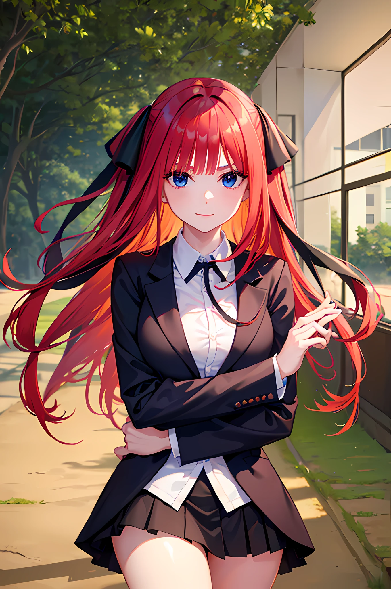 Beautiful young girl is happy and looking at the viewer,1girl,long reddish-pink hair,beautiful dark blue eyes,Black Ribbons,wearing white shirt,black jacket,green skirt,medium breasts,cute pose,anime,(Nino Nakano),(Gotoubun no Hanayome),masterpiece,8k,very high quality,