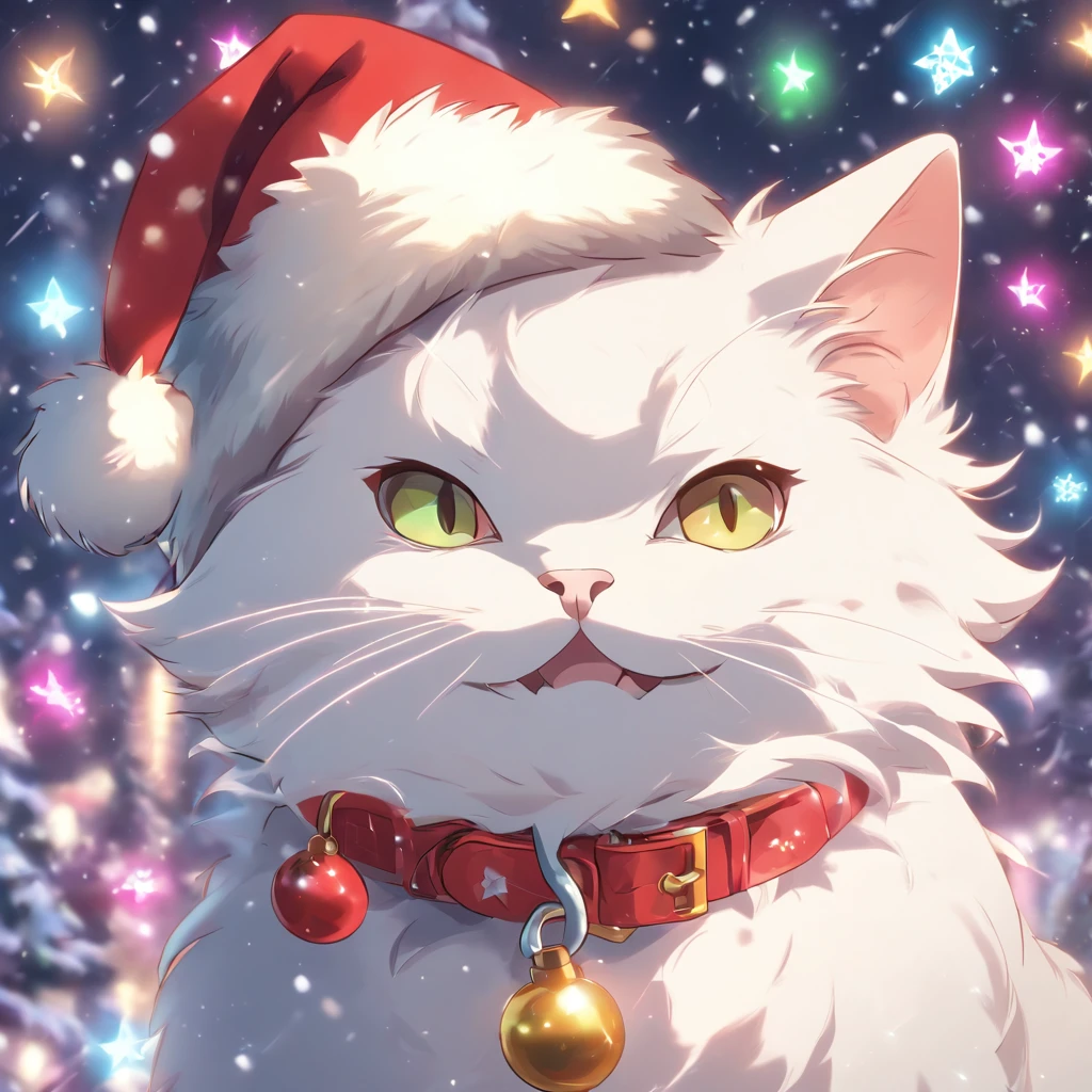 Navidad del Gato Blanco，biológicamente correcto，Gato con gorro de Papá Noel，Muy divertido，cuello con campana