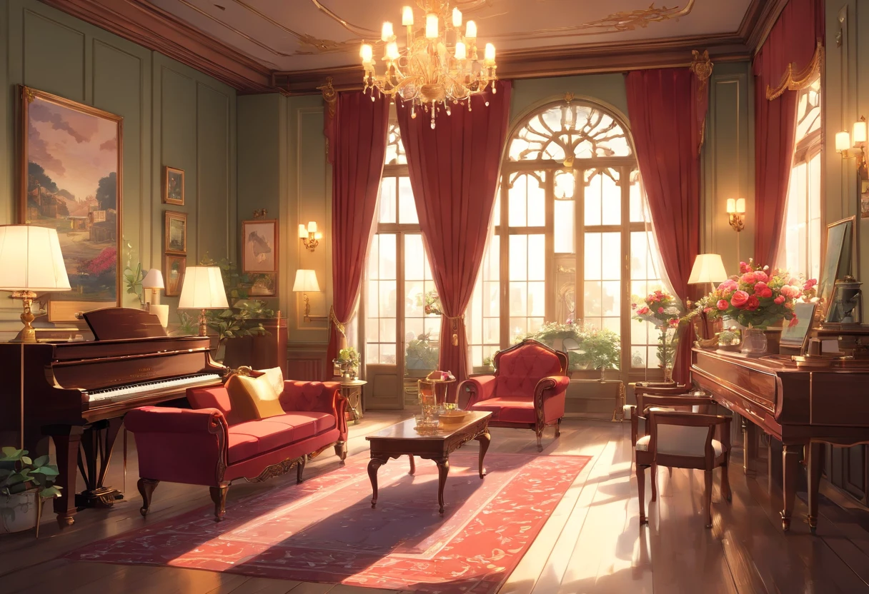 (highres:1.2),european,victorian,luxurious room,tinted window on the wall,ornate furniture,velvet curtains,antique chandelier,detailed ceiling decoration,golden accents,vibrant colors,soft lighting,shadows and highlights,wooden flooring,exquisite tapestries,elegant porcelain vases,elaborate picture frames,richly patterned wallpaper,candle holders,fine china tea set,delicate lace doilies,intricate wood carvings,plush cushions,grand fireplace,opulent draperies,refined oil paintings,reflected light,grand piano in the corner,dominant red rose bouquet,fleur-de-lis motif,carved mahogany bookshelf,vintage mirrors,comfortable armchairs,dimmed ambiance,romantic atmosphere, no humans are in the room