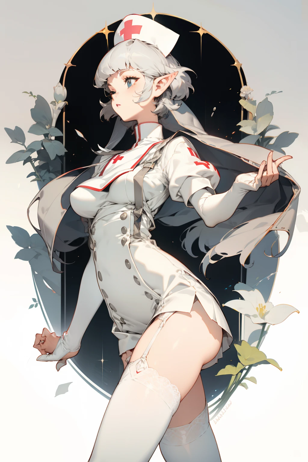 pointy ears，Bigboobs，Two legs（Princess cut hairstyle），short detailed hair，Sideburns have long hair，upper legs，white nurse outfit，White nurse's uniform，White knee-length stockings，Lace suspenders