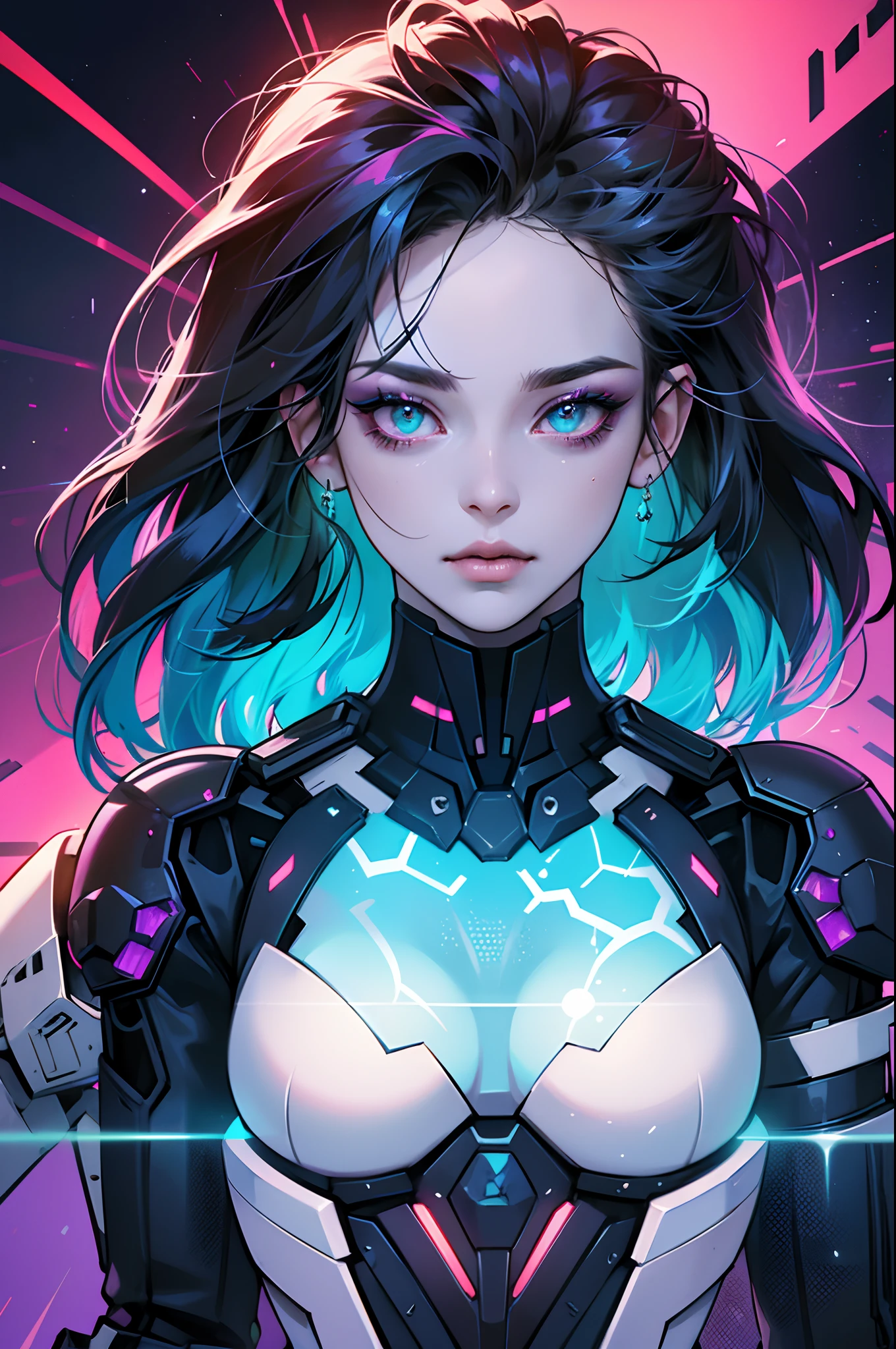 (best quality, highres:1.2), ultra-detailed, realistic, concept artist, portrait, vivid colors, studio lighting, laser lights, technology, futuristic, 3D rendering, electric glow, biomechanical, extravagant makeup, cyberpunk aesthetic, sparkling jewels, glowing tattoos, cybernetic enhancements, high-tech fashion, reflective surfaces, bionic limbs, advanced robotics, digital art, dystopian, post-apocalyptic, striking contrast, dynamic composition, immersive environment, sci-fi ambiance, colorful holograms, dark background, ethereal aura, translucent elements, neon grids, mind-blowing details, perfect symmetry, ornate accessories, glamorous diva, unconventional beauty, controlled chaos, mesmerizing gaze, alluring posture, confident presence, technological marvels, unique and enchanting.