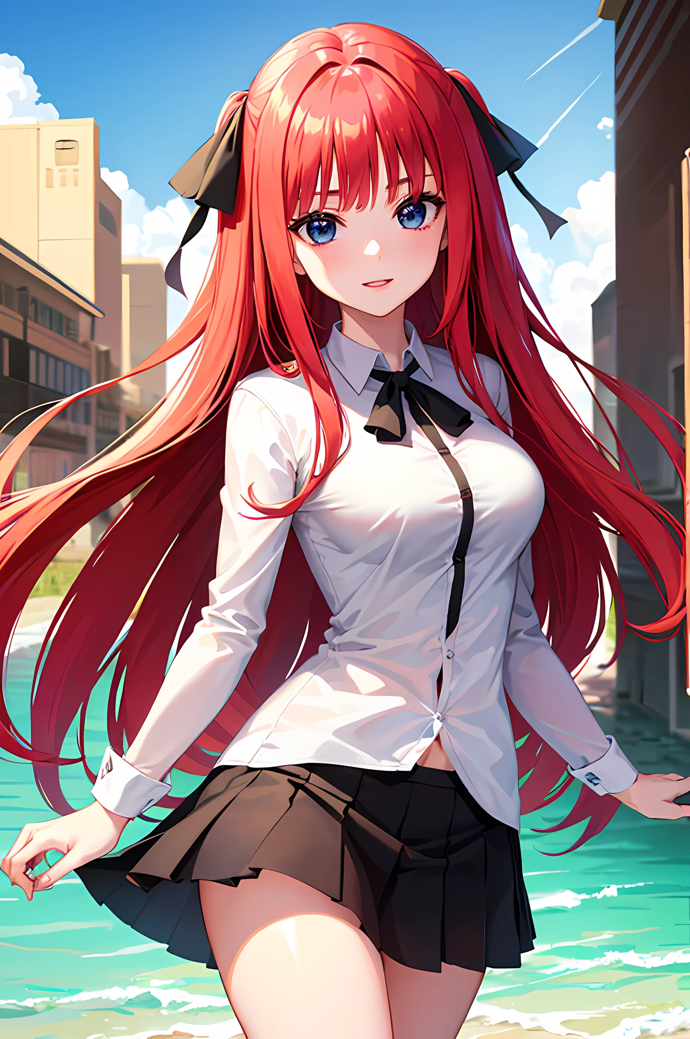 Beautiful young girl is happy and looking at the viewer,1girl,long reddish-pink hair,beautiful dark blue eyes,Black Ribbons,wearing white shirt,black jacket,green skirt,white panties,white long socks,1,medium breasts,soft thighs, sexy pose,anime,(Nino Nakano),(Gotoubun no Hanayome),masterpiece,8k,very high quality,