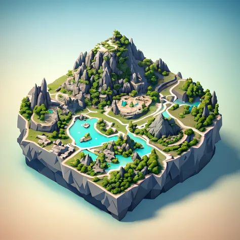 a close up of a small island with a mountain in the background, isometric 3d fantasy island, 3 d epic illustrations, an isometric fantasy map, low poly 3 d render, super detailed color lowpoly art, 3 d render stylized, 3 d low poly render, 3d low poly rend...
