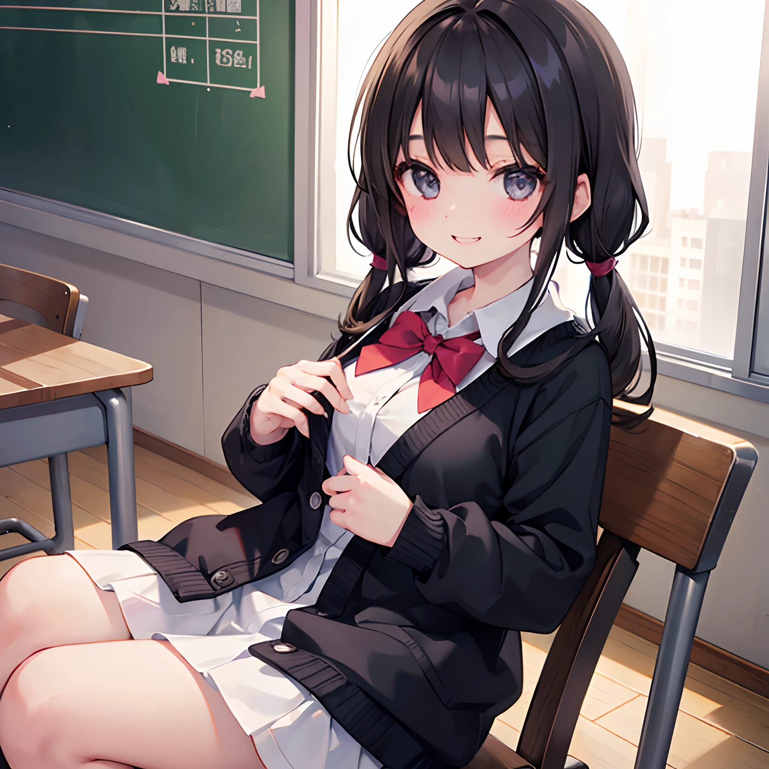 girl with、1 persons、Dark hair、pigtails、Black eyes、length hair、Cheerful smile、huge smile、Pupils、Uniforms、cardigan、‎Classroom、chatting、sit a chair