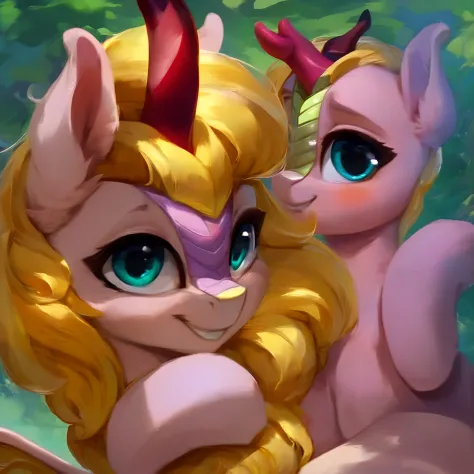(score_9), a female smiling, ((pony kirin)), beautiful, detailed cute face, (looking at you), blushing, grin, looking at you, cute, golden hair, yellow mane, blue eyes, beige body, pink scales