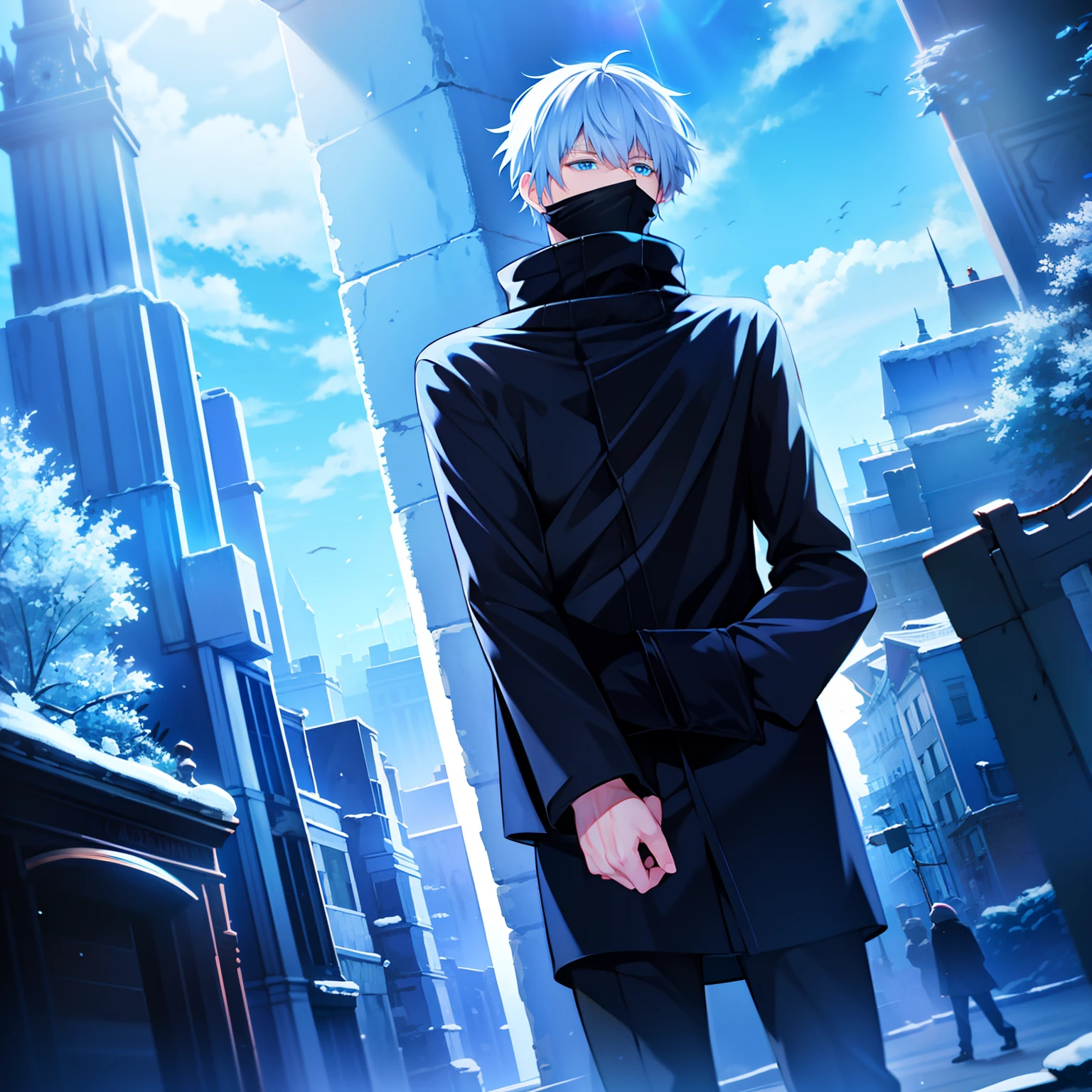 Short white hair, blue eyes, blindfolded, charming, lonely, black clothes, high and cold