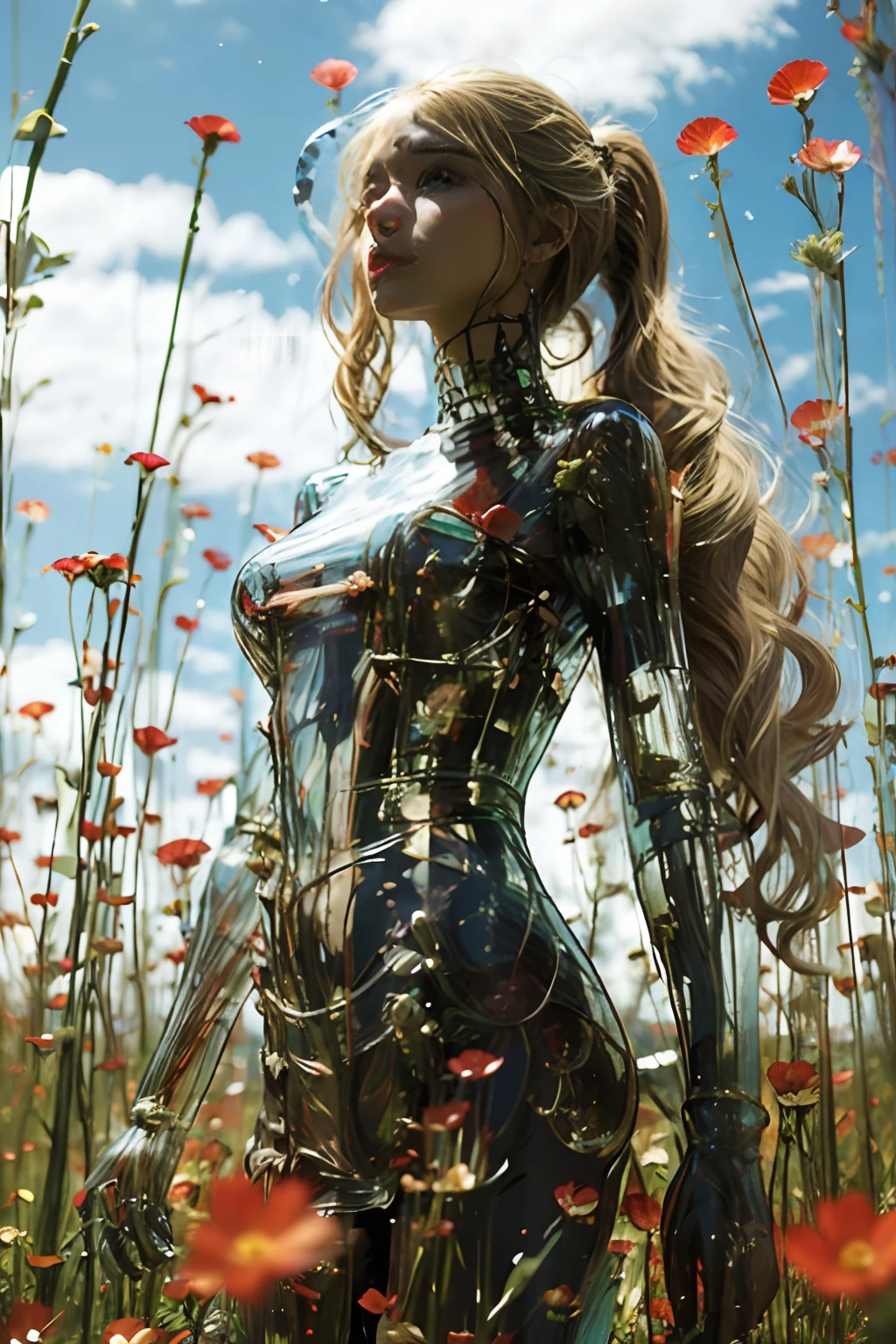 1 girl, looking at the audience, realistic, long hair, long hair blown by wind, solo, flowers, sky, sky, outdoor, blonde hair, brown long hair, science fiction, blur, grass, realism, clouds, blue sky, chest, lips, transparent, transparent, transparent,