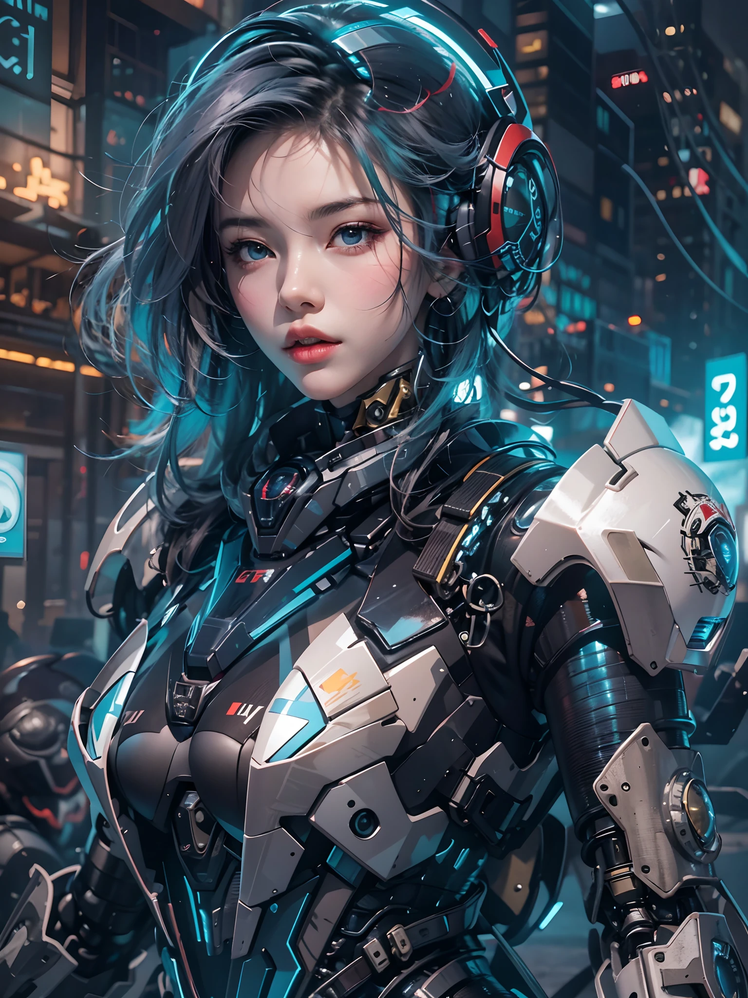 Highest image quality, outstanding details, ultra-high resolution, (realism: 1.4), the best illustration, favor details, highly condensed 1girl, with a delicate and beautiful face, dressed in a black and blue mecha, wearing a mecha helmet, holding a directional controller, riding on a motorcycle, the background is a high-tech lighting scene of the future city.