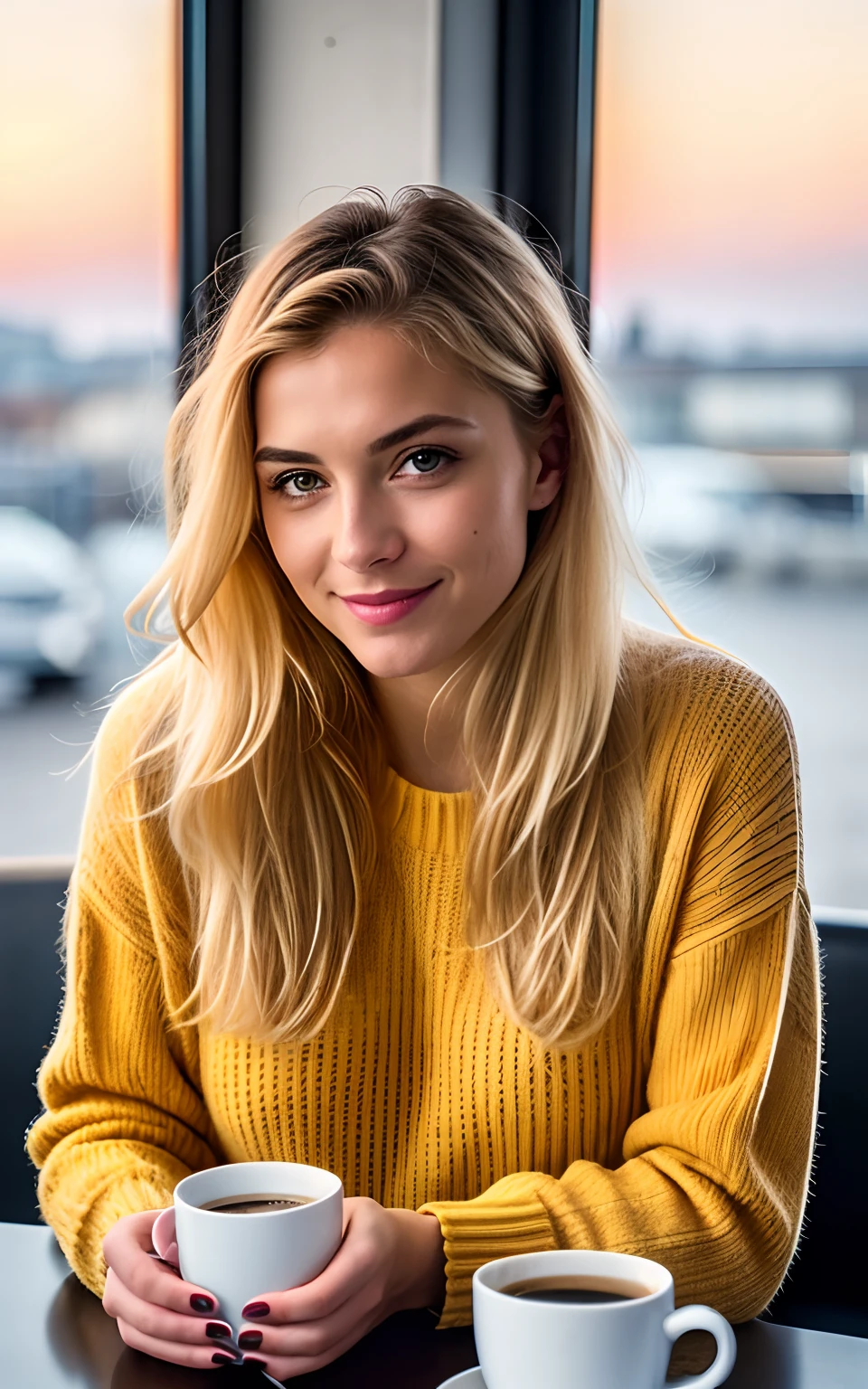 Cute beautiful blonde woman with blond long hair wearing yellow sweater (Drinking coffee in a modern café at sunset), muito detalhado, 21 years old, innocent face, naturally wavy blonde hair, blue eyes, high-res, ​masterpiece, best qulaity, Intricate detailing, muito detalhado, sharp focus, detailed skin, realistie Hauttextur, Textur, detailled eyes, professional, 4K, charming smile, taken with Canon, 85 mm, light depth of field, Kodak Vision Color, perfectly fitting body, extremely detail, photoshot_\(ultra\), fotorealisti, realisti, Post processing, maximum details, roughness, real life, ultrarealisti, photoshotrealismus, photoshotgrafie, 8K  UHD, photoshotgrafie