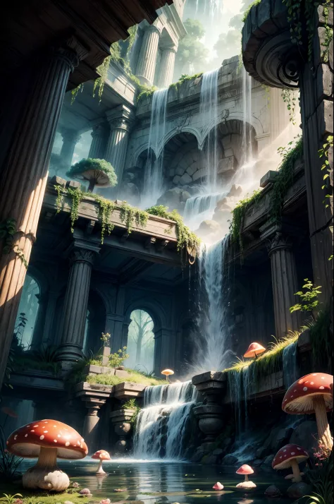 "Mysterious ruins, girl's adventure, waterfall's secret, glowing mushrooms, enchanting mystique, rule of thirds composition"