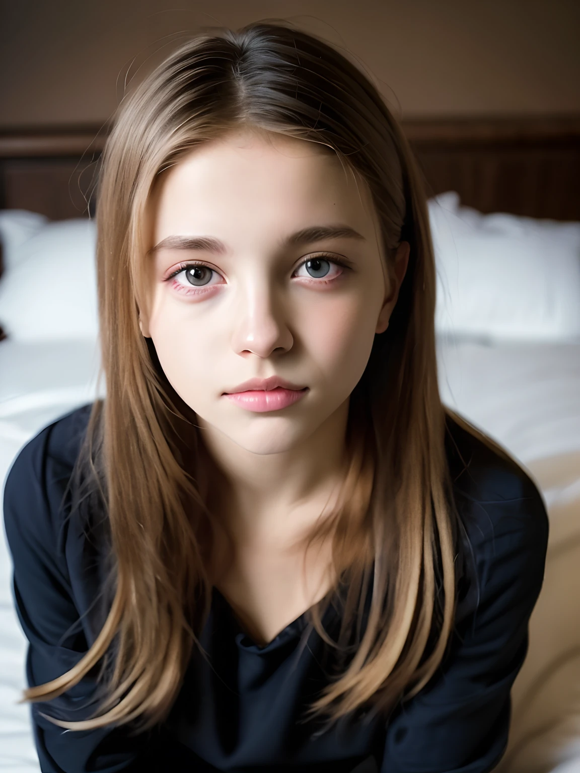 Portrait of an 18 year old cute beautiful perfect face petit teen, she is happy, very beautiful Russian, raw, in bed, (dark private study, dark and moody light: 1.2)