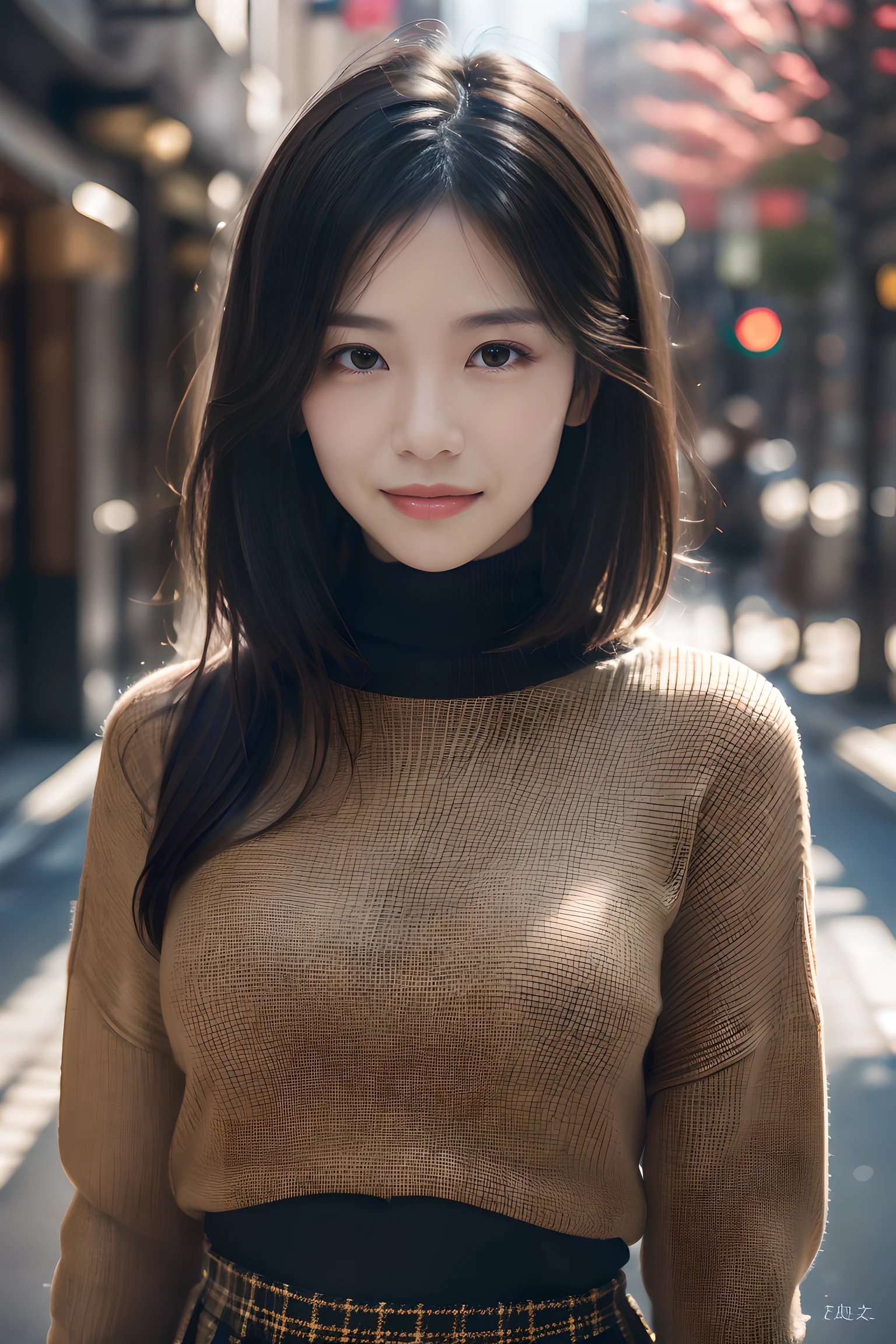 , long windblown [blue-black:.3] hair,looking at viewer, (masterpiece:1.3), (8k, photorealistic, RAW photo, best quality: 1.4), japanese, (1girl), beautiful face, (realistic face), (black hair, short hair:1.3), beautiful hairstyle, realistic eyes, beautiful detailed eyes, (realistic skin), beautiful skin, attractive, ultra high res, ultra realistic, highly detailed, golden ratio, blue fluffy loose turtleneck sweater, plaid skirt, ultra-detailed, sharp focus, hyper sharp image,