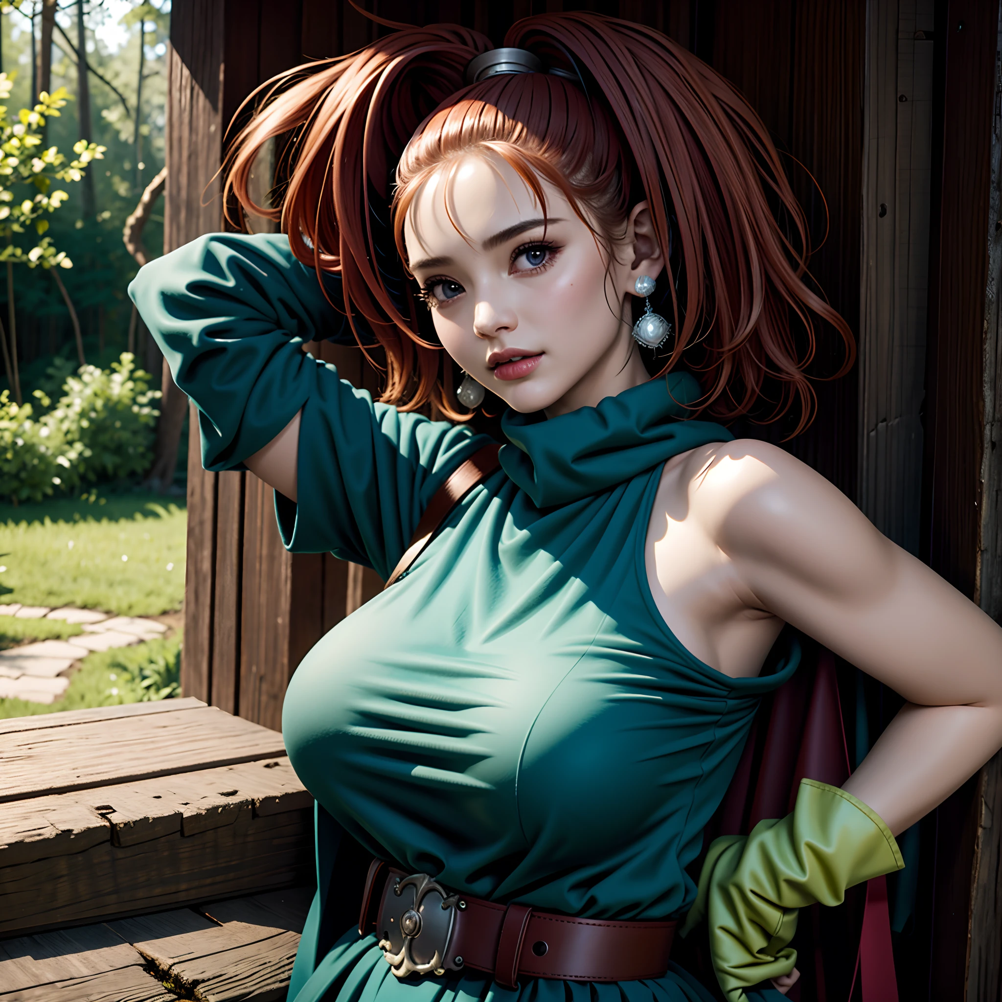 (masterpiece, Best Quality, 32 HDR, High resolution), (1womanl:2.0, Solo:2.0, 1character:2.0), (DQ6 Barbara, High Ponytail, Dress, Cape, yellow gloves, Belt bag, Jewelry, earrings), (huge tit:1.15, Huge boobs:1.15, Huge breasts:1.15), Highly detailed, (Exposed shaved armpits:1.25, in the abandoned house:1.1, in a deep forest), hyper-detailed face, ultra detailed skin texture,
