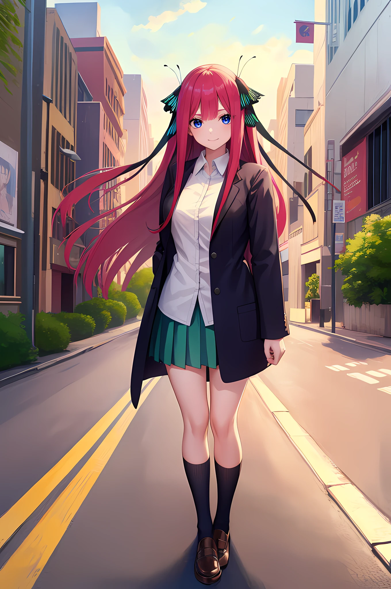 Beautiful young girl is happy and looking at the viewer,1girl,long reddish-pink hair,beautiful dark blue eyes,butterfly hair ornament Ribbons,wearing white shirt,black jacket,green skirt,white long high socks,medium breasts,cute pose,smile,anime,(Nino Nakano),(Gotoubun no Hanayome),masterpiece,8k,very high quality,