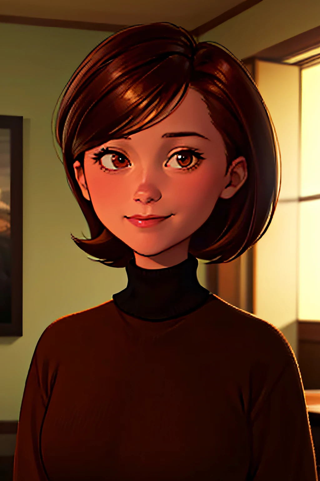 Helen Parr, Obra de arte, melhor qualidade, Sozinho, cabelo castanho, olhos castanhos, gola alta, suéter, Sorriso, cabelo curto, gola alta suéter, black suéter, 1 garota, tronco, boca fechada, dentro de casa, retrato, black suéter,