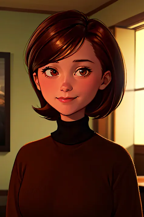 helen parr, masterpiece, best quality, solo, brown hair, brown eyes, turtleneck, sweater, smile, short hair, turtleneck sweater,...