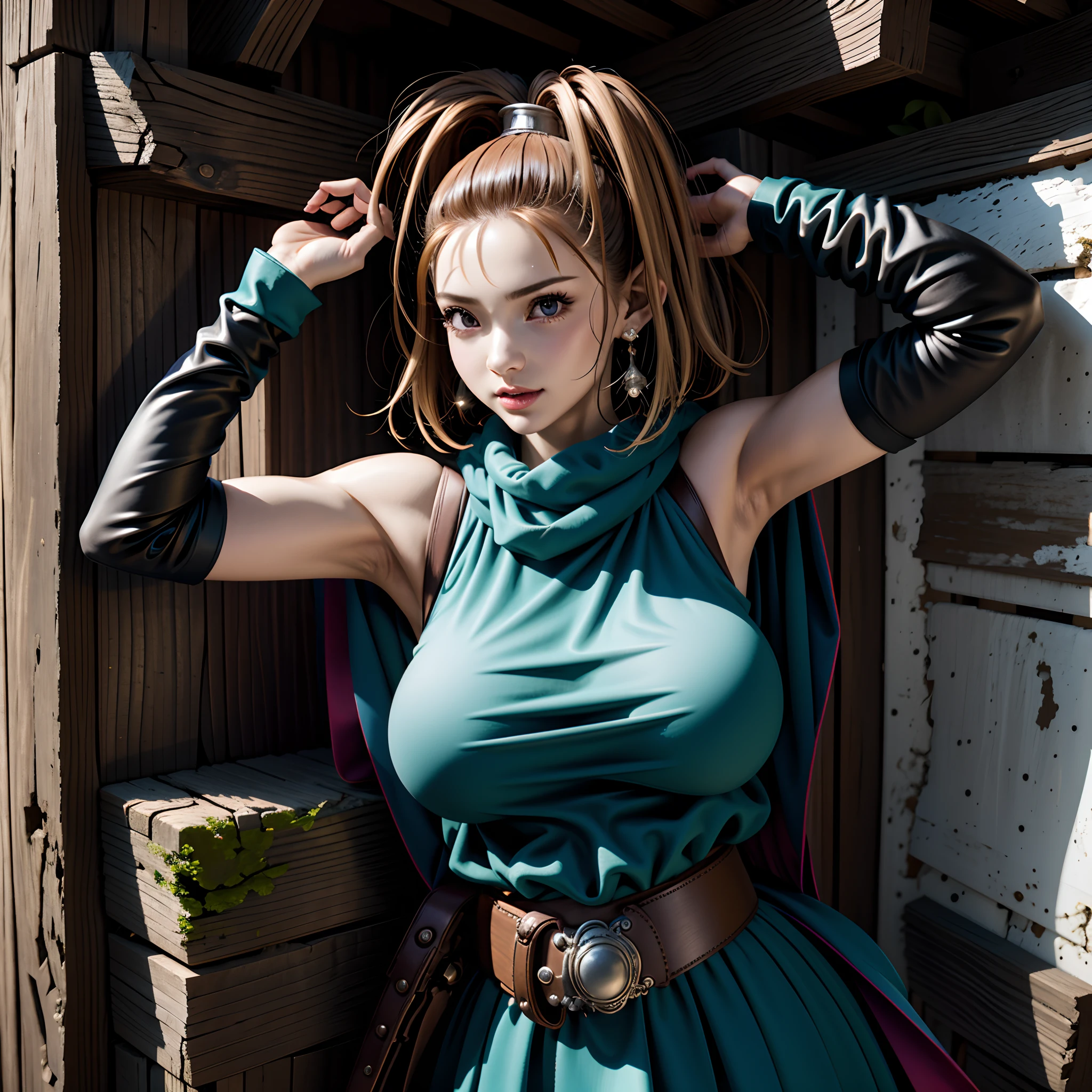 (masutepiece, Best Quality, 32 HDR, High resolution), (1womanl:2.0, Solo:2.0, 1character:2.0), (DQ6 Barbara, High Ponytail, Dress, Cape, yellow gloves, Belt bag, Jewelry, earrings), (Colossal tits:1.15, Huge boobs:1.15, Huge breasts:1.15), Highly detailed, (Exposed shaved armpits:1.25, in the abandoned house:1.1, in a deep forest), hyperdetailed face, ultra detailed skin texture,