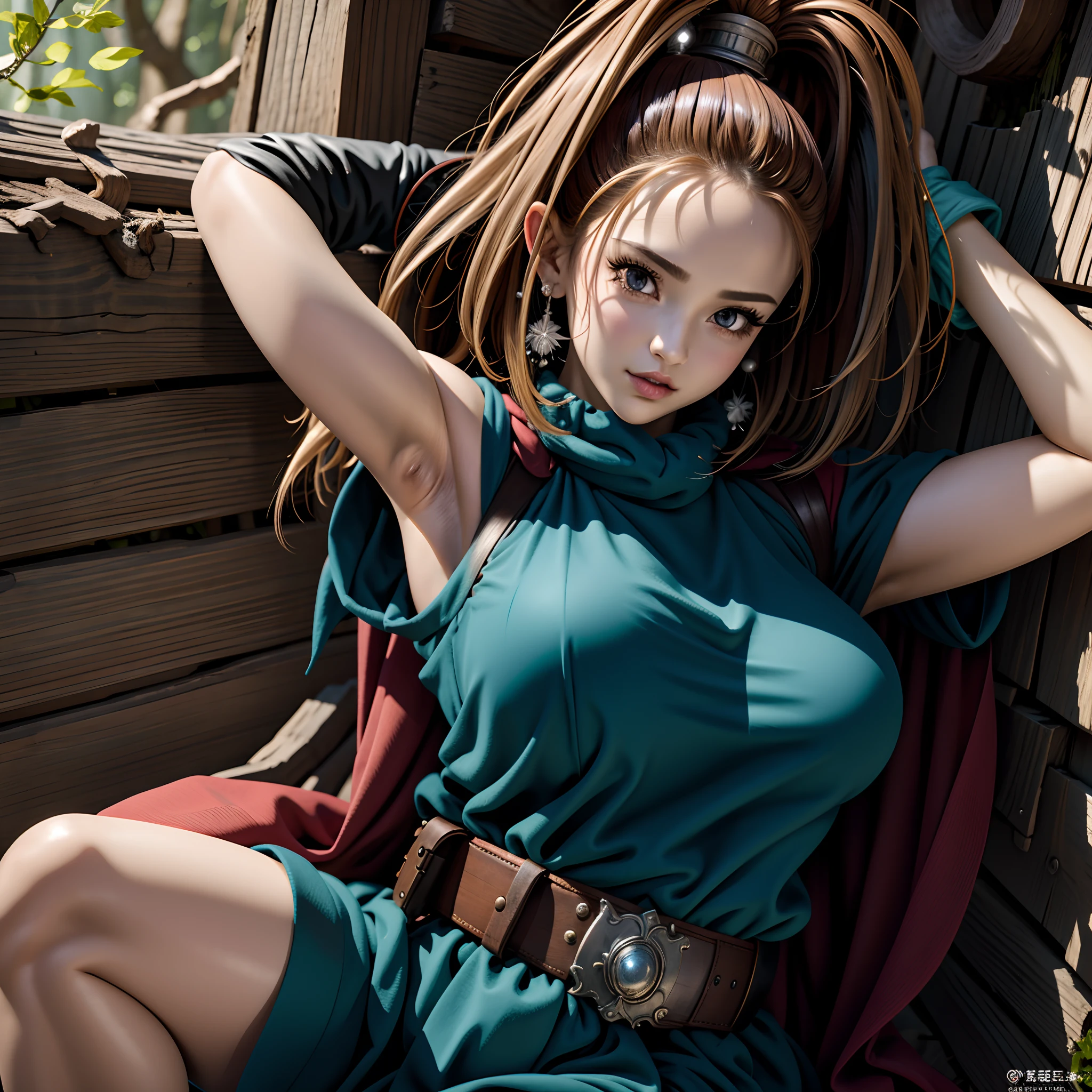 (masutepiece, Best Quality, 32 HDR, High resolution), (1womanl:2.0, Solo:2.0, 1character:2.0), (DQ6 Barbara, High Ponytail, Dress, Cape, yellow gloves, Belt bag, Jewelry, earrings), (Colossal tits:1.15, Huge boobs:1.15, Huge breasts:1.15), Highly detailed, (Exposed shaved armpits:1.25, in the abandoned house:1.1, in a deep forest), hyperdetailed face, ultra detailed skin texture,