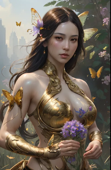 (best quality,8k,highres,masterpiece:1.2),ultra-detailed,realistic:1.37),golden butterfly silk,shattered glass,Artgerm and Ruan Jia and Greg Rutkowski's art surrealistic painting, majestic and intricate, digital photography, lush plants and flowers:0.7) in...