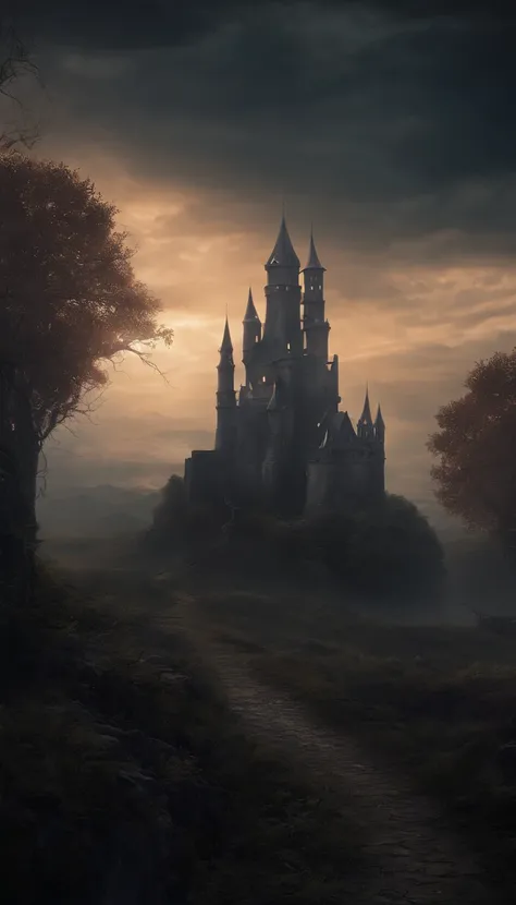 A dark and foreboding fantasy landscape, featuring a haunted and ...