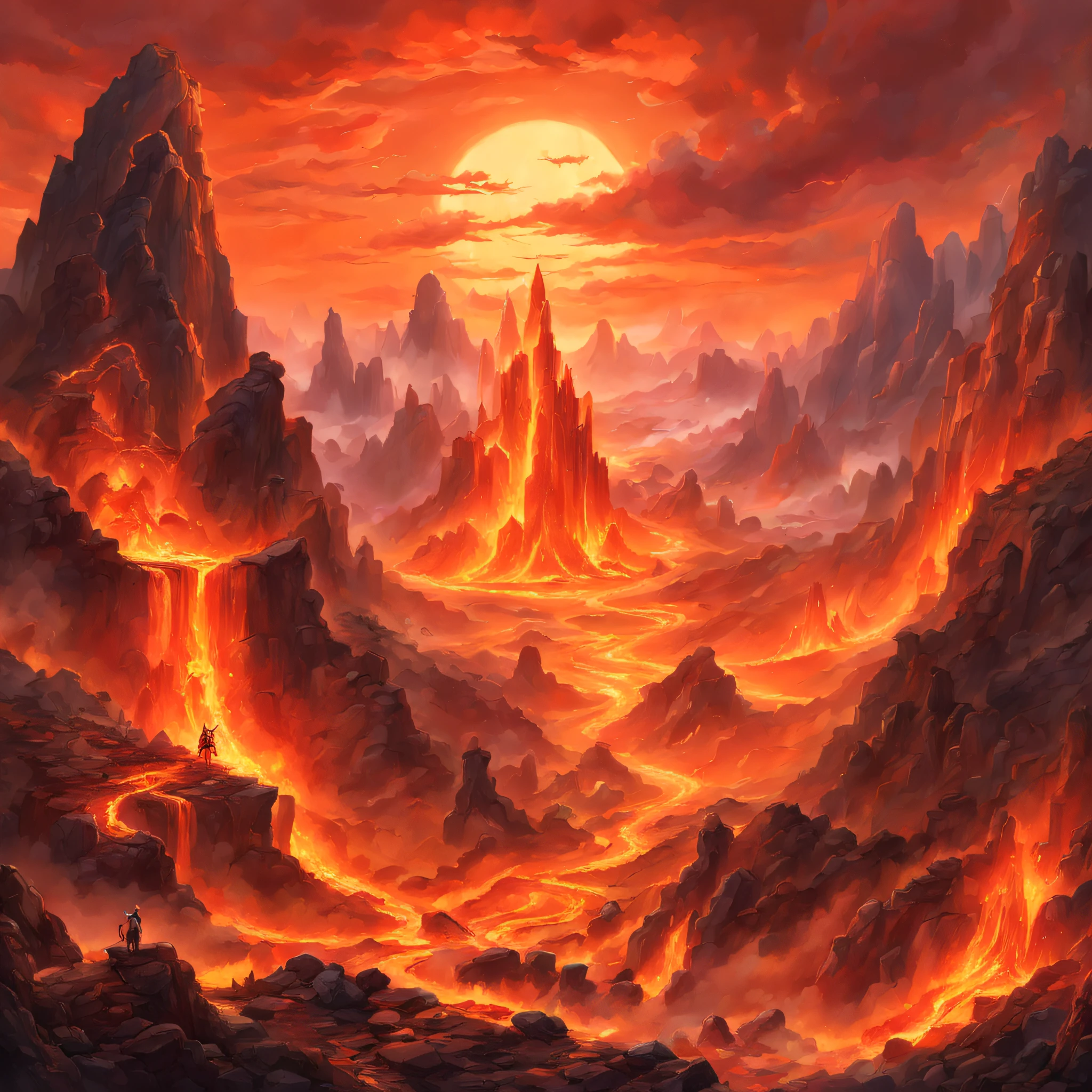 (stickers)，(sticker)，(Best quality,Masterpiece, iintricate,Hyper-detailing,8K  UHD,Ultra-high resolution，extremely detailed CG unity wallpaper) ,Great Wilderness East Meridian，Fire unicorn，Fire unicorn in volcanic lava，Surrounded by lightning，Stand on volcanic lava，The peaks are steep，Strange rocks，safe，magma，Dreamland Wonderland、fanciful，Riding，Traditional Chinese elements，Illustrative myths，Fuyao Legend，Dappled light，Hazy haze，mystical aura，tmasterpiece，k hd，Rich in color，Detailed details，Seven colors