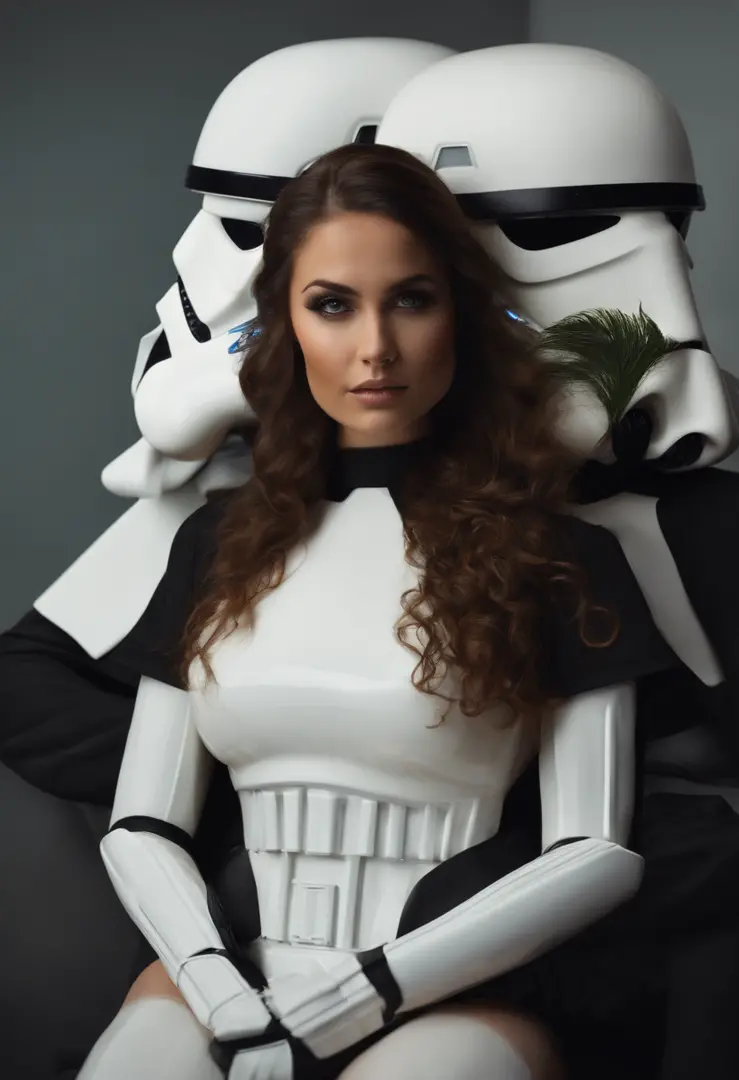 A woman in a white costume is sitting on a storm trooper - SeaArt AI