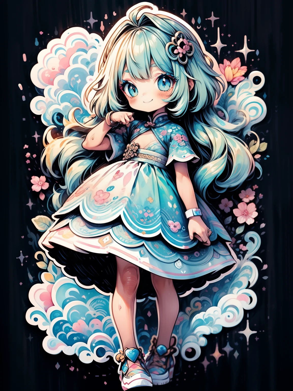 high high quality、Colorful color palette、high-level image quality、(Little girl with makeup:1.37) 、wearing  cheongsam, Chinese blue and white women's collection, cute cartoon design, Sky blue and bright yellow
（Behind it are cosmetics and decorations：1.3），Geometric pattern background，Sticker style,
 , High details, A high resolution，Unprecedented amount of drawing、(Nikki style kawaii style:1.5)