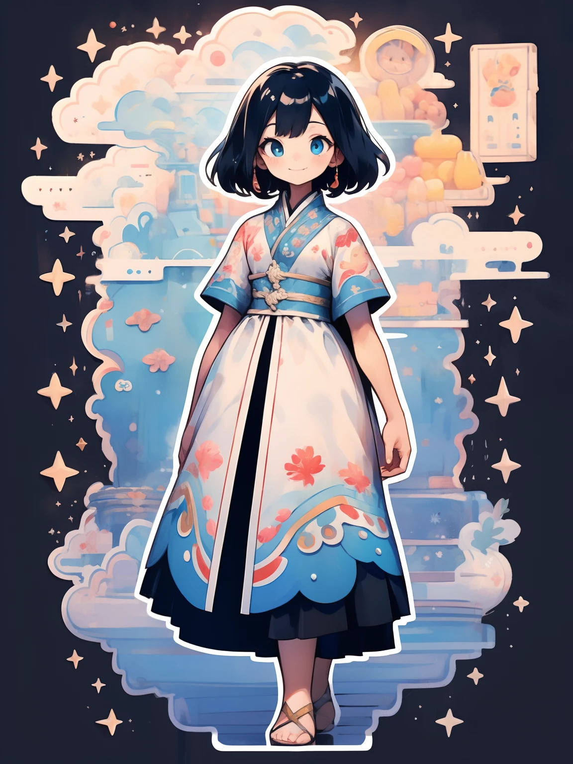 Diseño de Knolling::2, sakura captor de cartas, Con un cheongsam con un estampado de porcelana azul y blanca, Azul cielo y blanco, Alta resolución