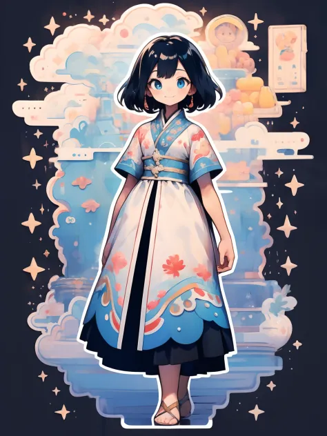 Knolling layout::2, cardcaptor sakura, Wearing a cheongsam with a blue and white porcelain pattern, Sky blue and white, high resolution
