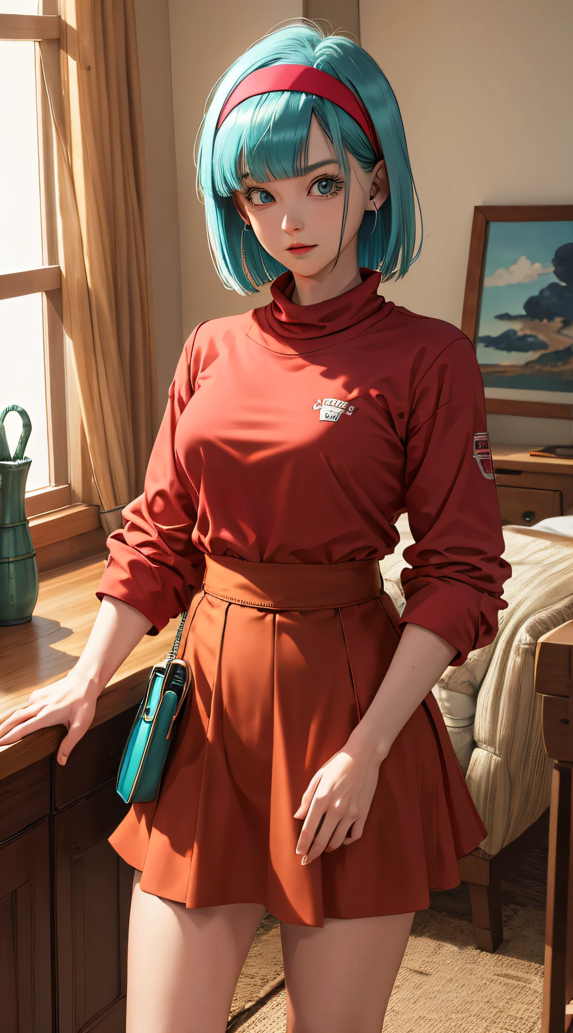 masterpiece, best quality, highres, dragon ball, blmmid, aqua hair, medium hair, blunt bangs, red hairband, medium breasts, shirt, skirt, cowboy shot, indoors, standing,