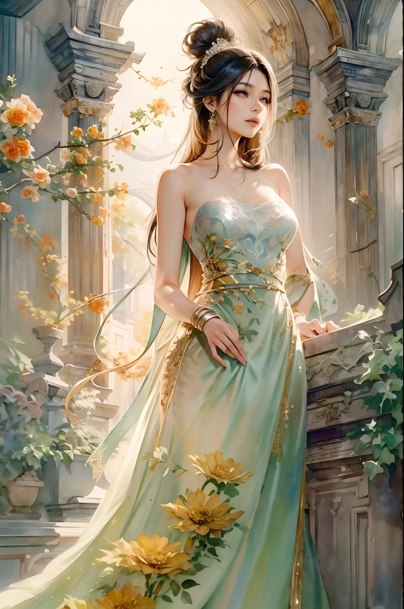 (masterpiece), (best quality), 8k resolution, 1girl, Asian girl, stunning beauty, perfect face, mature female, 20yo, sunny, cinematic, long dress, bare shoulder, fantasy, flowers, in the ancient castle, watercolor style,