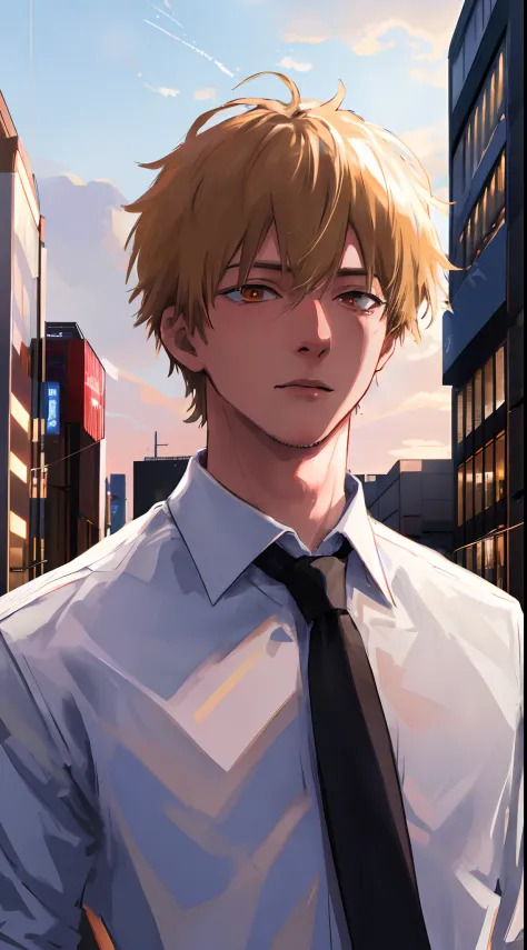 (absurdres, highres, ultra detailed, HDR), masterpiece, best quality, portrait, male focus, face focus, 1guy, Denji, solo, handsome, blonde hair, brown eyes, glowing eyes, white office shirt, black necktie, detailed face, detailed eye, detailed hair, detai...