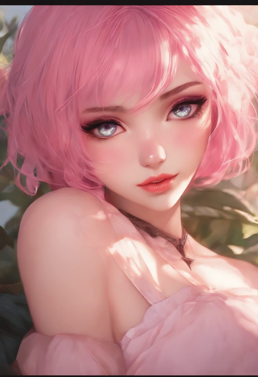 1 girl , pink hair , juisy style, blush , black eyes , glowing eyes