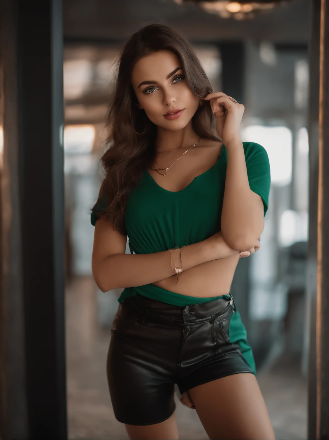 A woman in a green shirt and black shorts posing for a picture - SeaArt AI