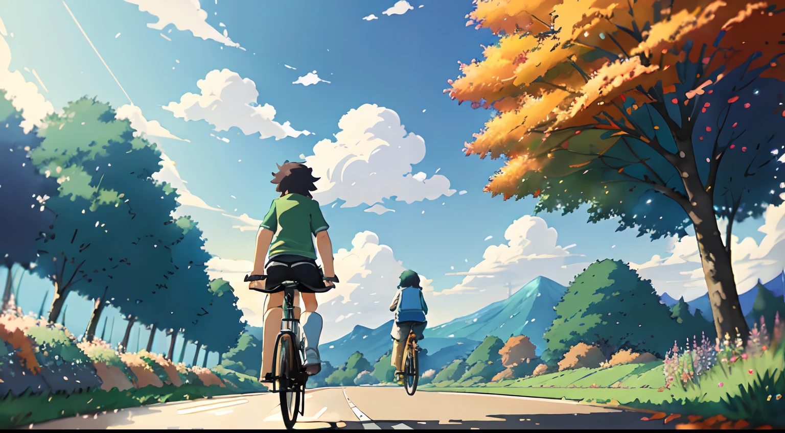 (cycliste seul: 1.5), (Realistic bike: 1.5), (realistic cyclist: 1.5), Plan en gros plan, Le meilleur des meilleurs, automne, Orange leaves, couleurs de l'automne, Feuilles qui tombent, Landscaped background, ombres, contraste, Makoto Shinkai (beste-Qualit:1.3), (high resolucion:1) Art par Studio Ghibli Style, impressionnisme, couleurs vibrantes