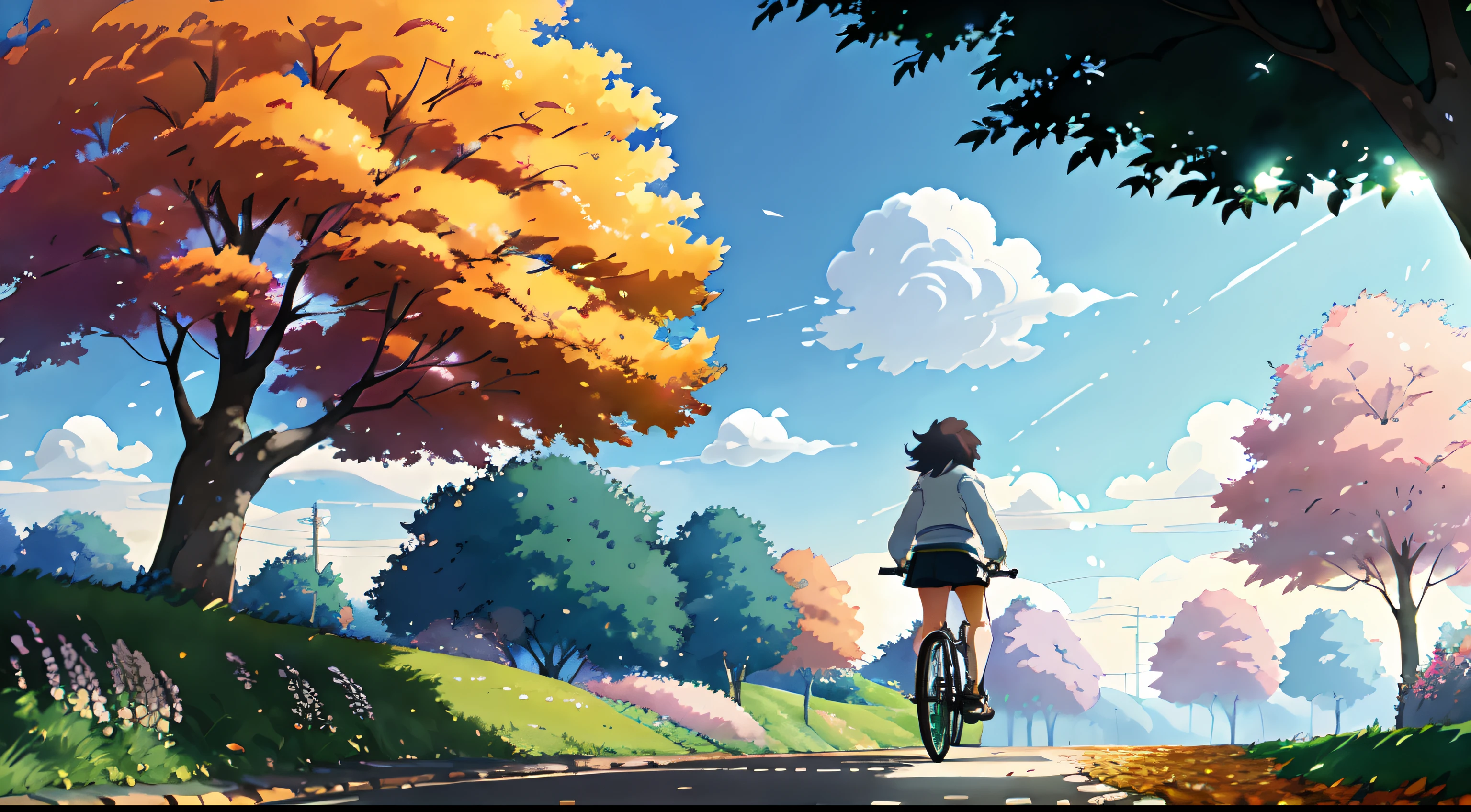 Anime girl riding a bike down a road in the middle of a forest - SeaArt AI